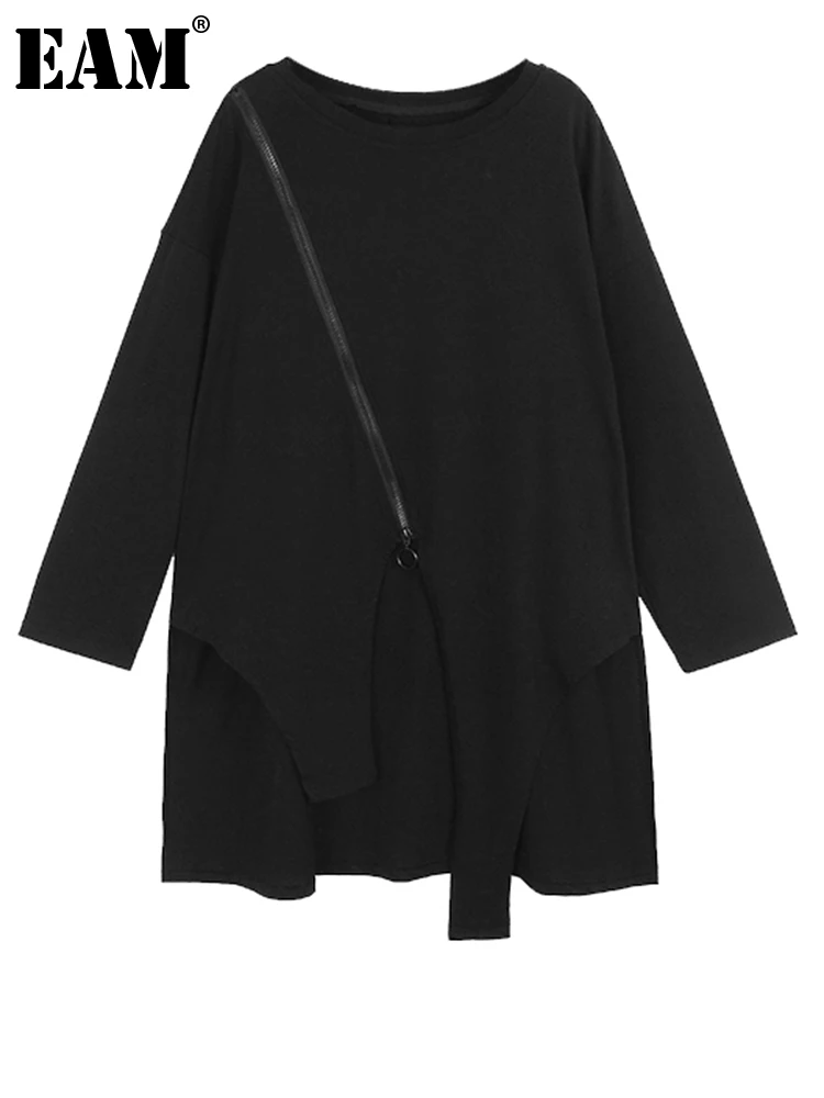 

[EAM] Women Black Zipper Irregular Long Big Size T-shirt New Round Neck Long Sleeve Fashion Tide Spring Autumn 2023 1DH0402