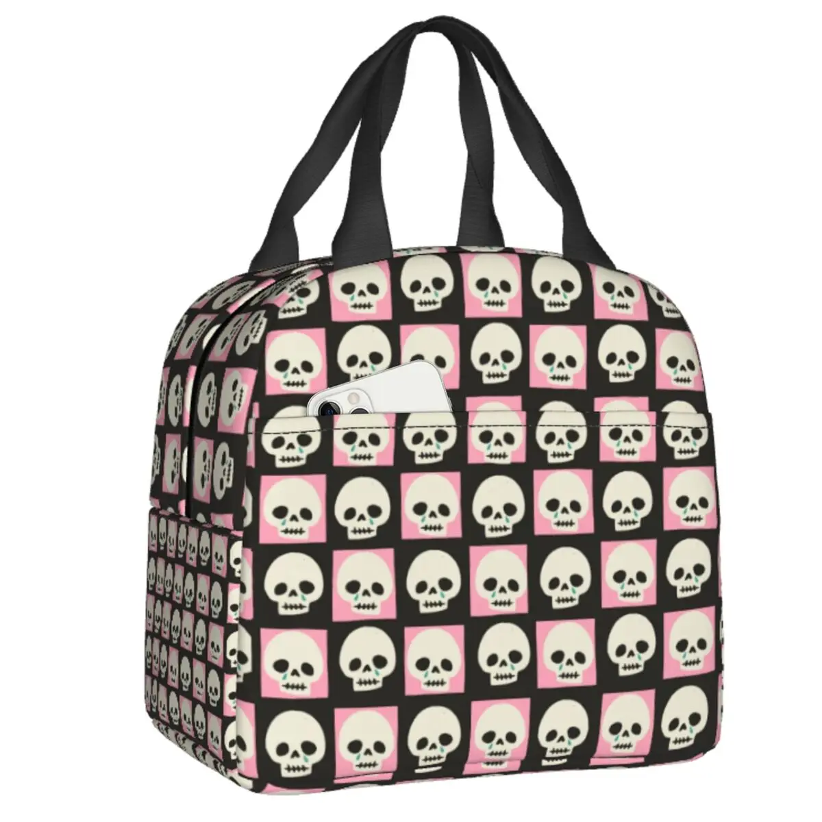 

Checkerboard Skulls Pattern Insulated Lunch Bag for Women Leakproof Checkered Cooler Thermal Bento Box Office Picnic Travel