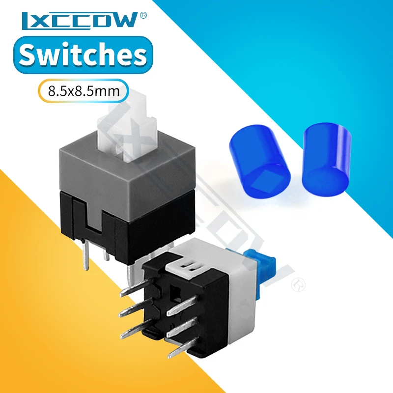 Набор микропереключателей с защелкивающим замком и кнопками на 6 контактов, размером 8,5х8,5 мм, с крышками - 5 комплектов по 10 штук.