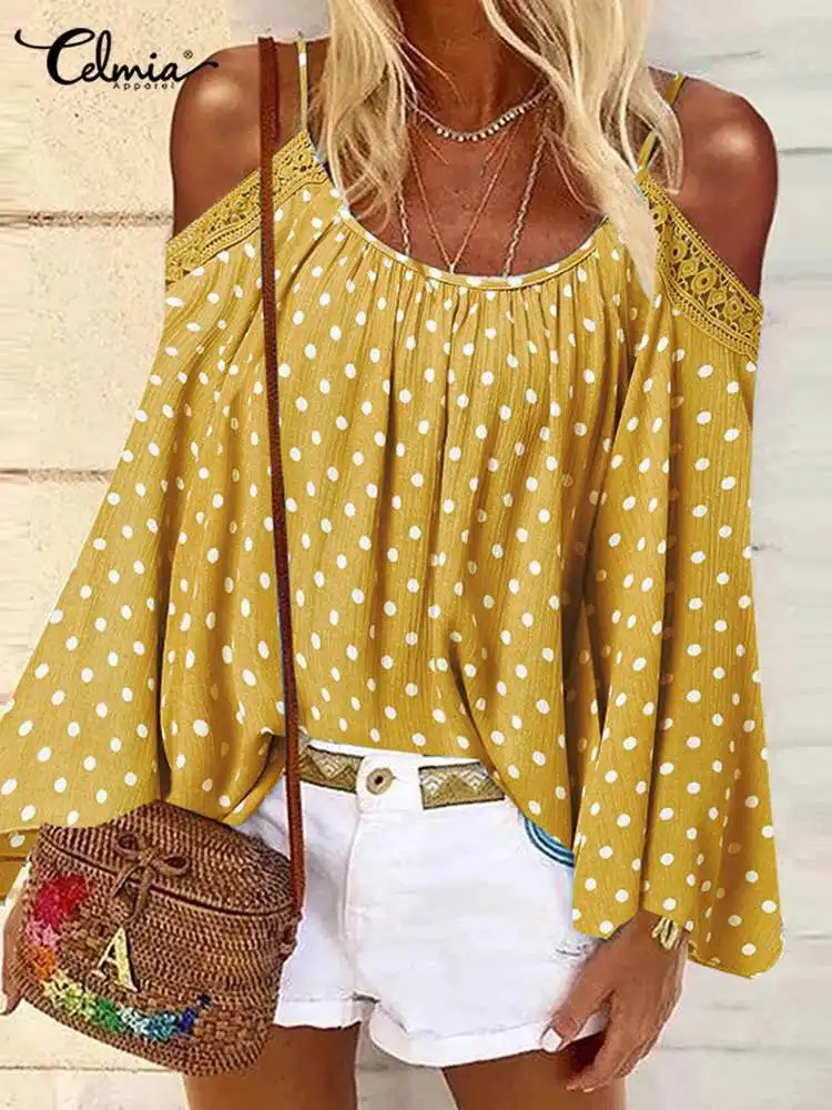 

Celmia Women Off Shoulder Blouses Spaghetti Straps Summer Flare Sleeve Fashion Tops Holiday Polka Dot Lace Trim O-neck blusas