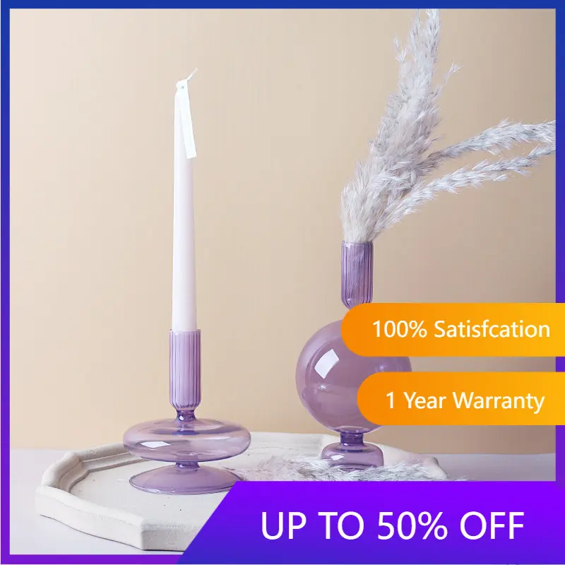 

Glass Purple Candlestick Creative Vase Art Table Decoration Candle Accessories Home Table Decoration Suporte Vela