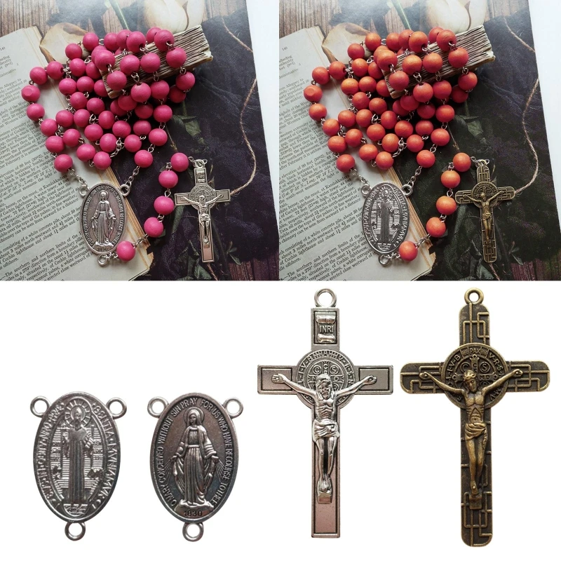 

Tibetan Style Rosary Cross Charms Miraculous Medal with Alloy Cross Pendants Oval Pendant Rosary Beads Necklace Making