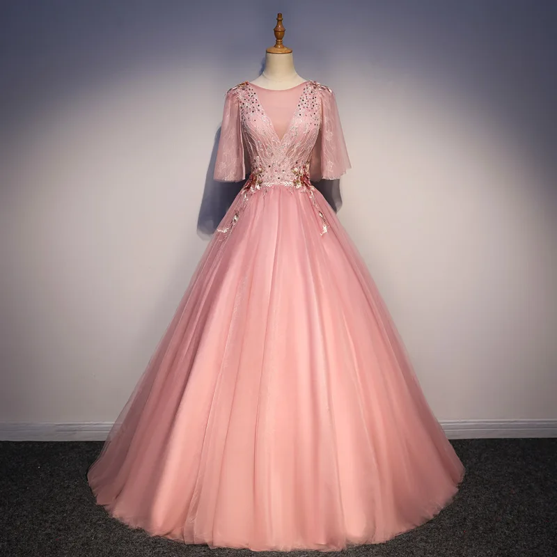 

New Pink Sweet Quinceanera Dresses Lace Appliques Vestidos De Debutante Sexy Illusion Deep V-neck Floor-length Beading Ball Gown