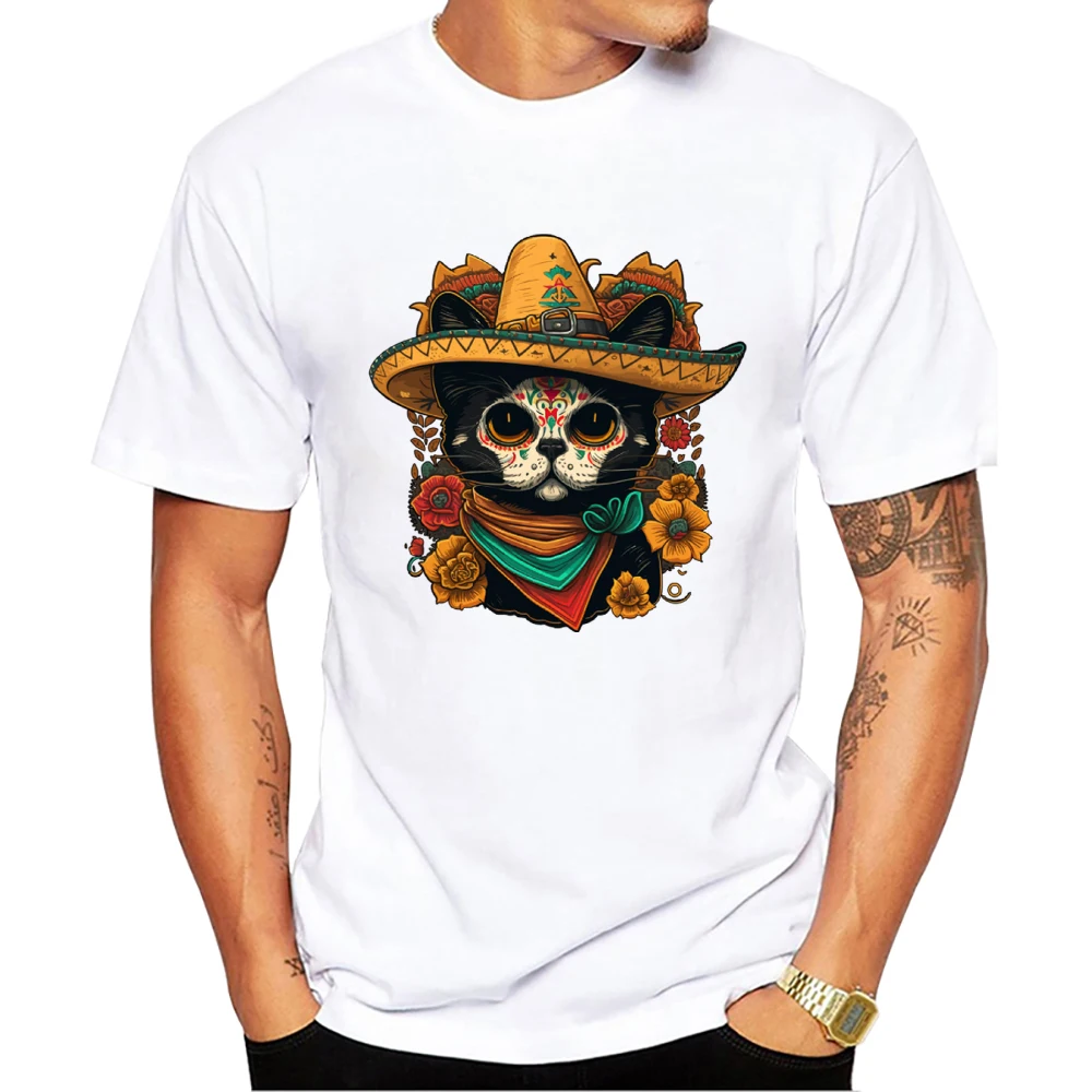 TEEHUB Oansatz Kurzarm Männlich Casual Männer Kleidung Vintage Streetwear Mexikanische Zucker Schädel Katze Sombrero Druck männer T-Shirt – Detail 3