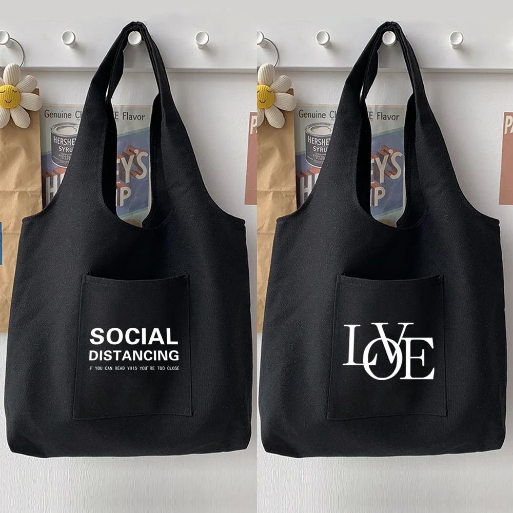 

Ladies Shopping Bag All-match Text Print Handbag Foldable Reusable Cloth Shopper Harajuku Style Bag Student New Canvas Tote Bag