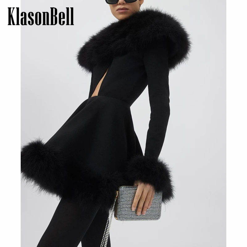 

12.19 KlasonBell Fashion Ostrich Feather Cuffs Hollow Out Sexy Slim Bodysuit Or Mini Skirt Set Women