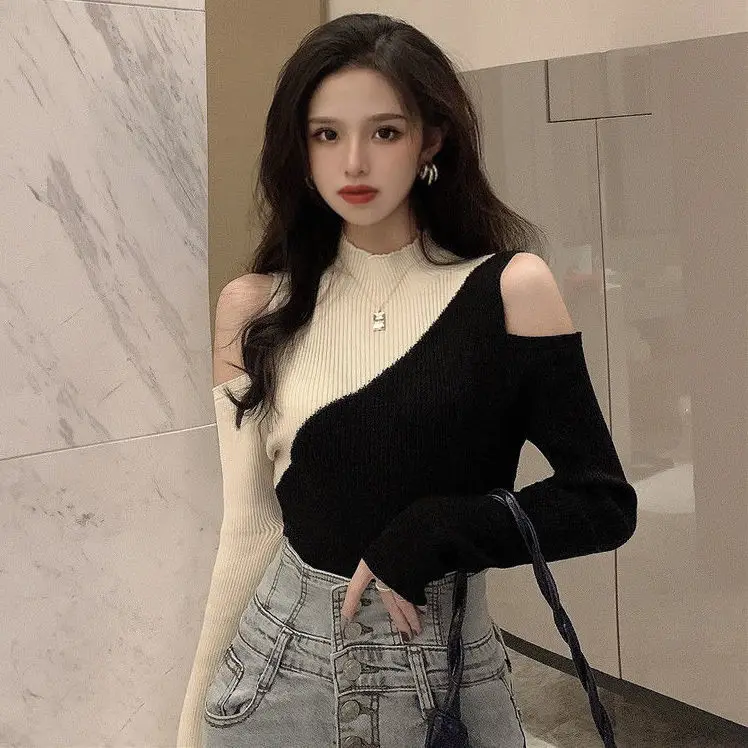 

2023 Women Spring Autumn New Solid Sweater Pullover Top Female Patchwork Knitted Tops Ladies Long Sleeve Casual Jumpers U373