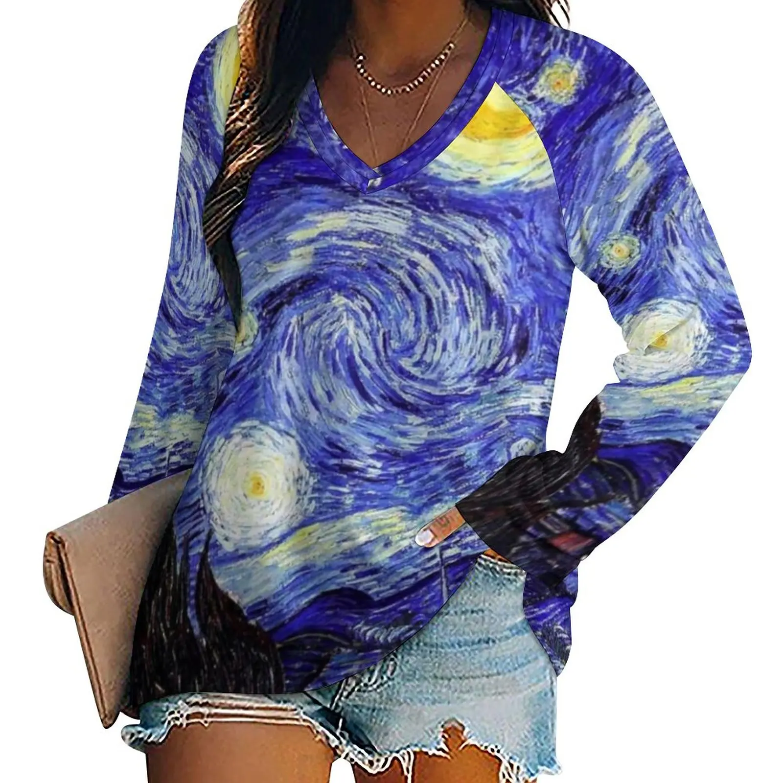 

Van Gogh Mountains T Shirt Starry Night Mountain Inspiration Streetwear T-Shirts Long Sleeve Pretty Tee Shirt Women Pattern Tees