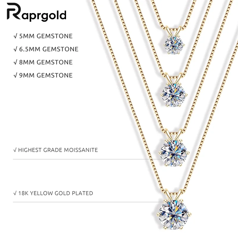 Фото RAPRGOLD GRA сертифицированные многоразмерные круглые ожерелья с подвеской из муассанита для женщин, стерлинговое серебро 925 пробы, цепочка-пасьянс, ювелирное изделие, подарок №1