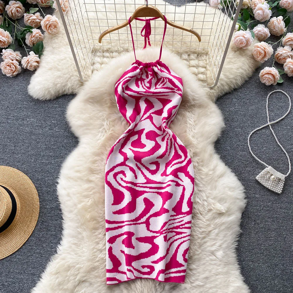 

Halter Backless Knit Bodycon Dress Retro Print Off Shoulder Boho Beach Elegant Sundress Women Summer French Fashion Vestido Y2k