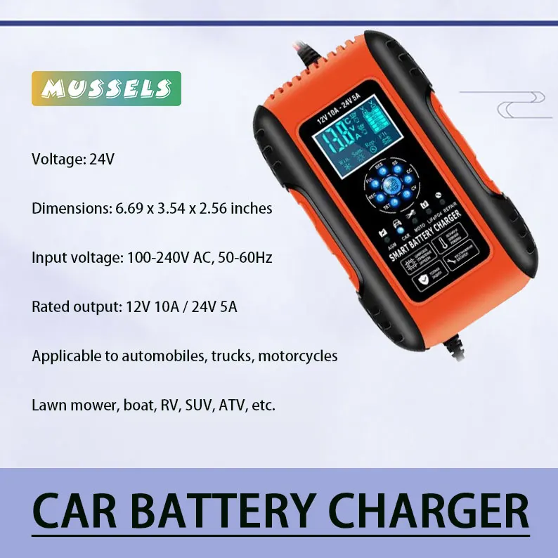 

12V/24V 10A Car Battery Charger with 7 Stage Charging, 5 Charging Modes and LCD Screen, Battery Maintainer