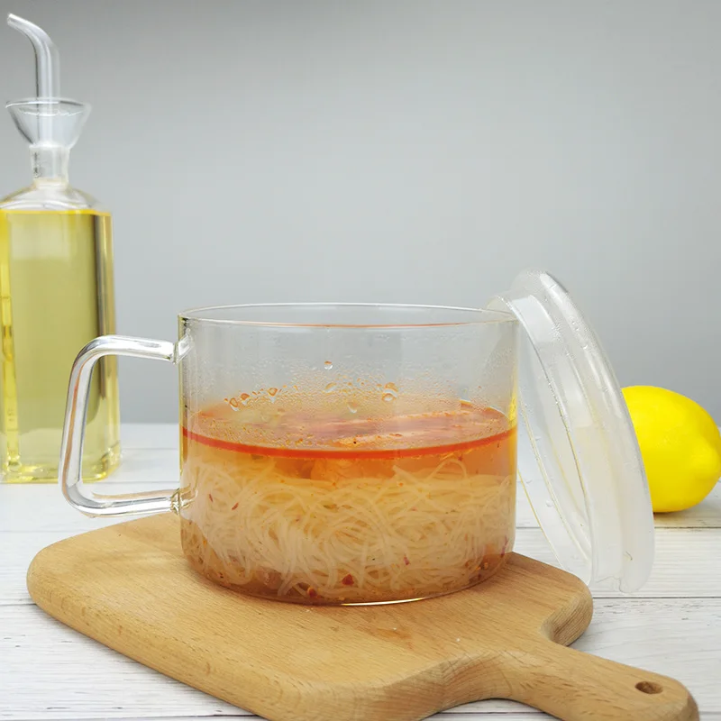 

Household Glass Instant Noodles Bowl Heat resistant Cooking Pot Clear Salad Bowl with Handle and Glass Cover