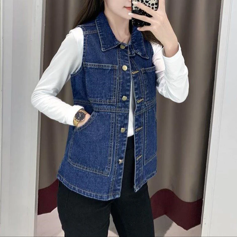 

Oversized 100kg Classic Denim Vest Women's Spring Retro Fashion Single Breasted Sleeveless Jacket