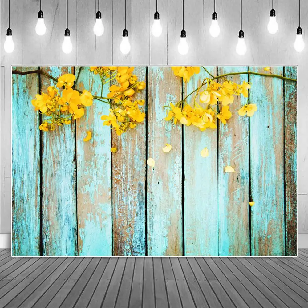 

Faded Aqua Green Board Flowers Surattensis Photography Backdrops Yellow Floral Plank Self Portrait Party Decoration Backgrounds