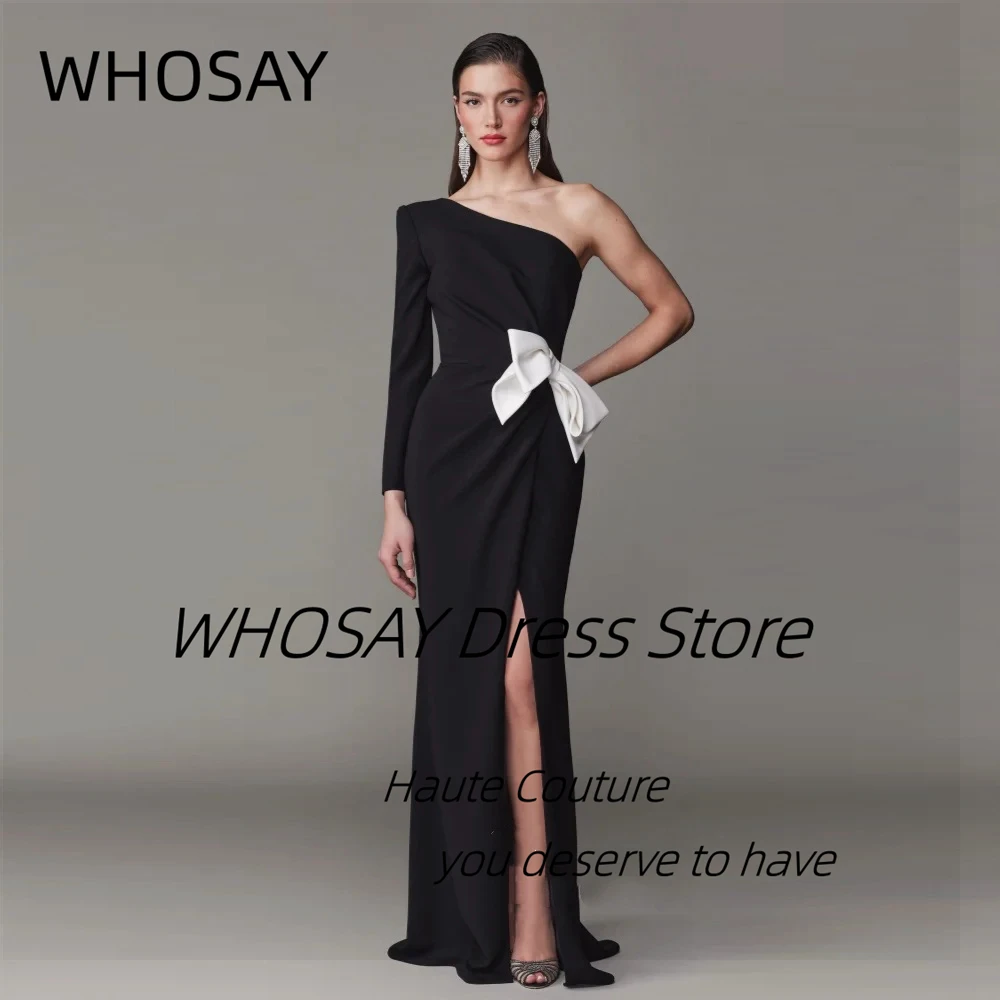 WHOSAY Customized Black Side Slit Prom Dresses One Shoulder Long Sleeve Formal Occasion Dress with Bow Vestidos Evening Gowns