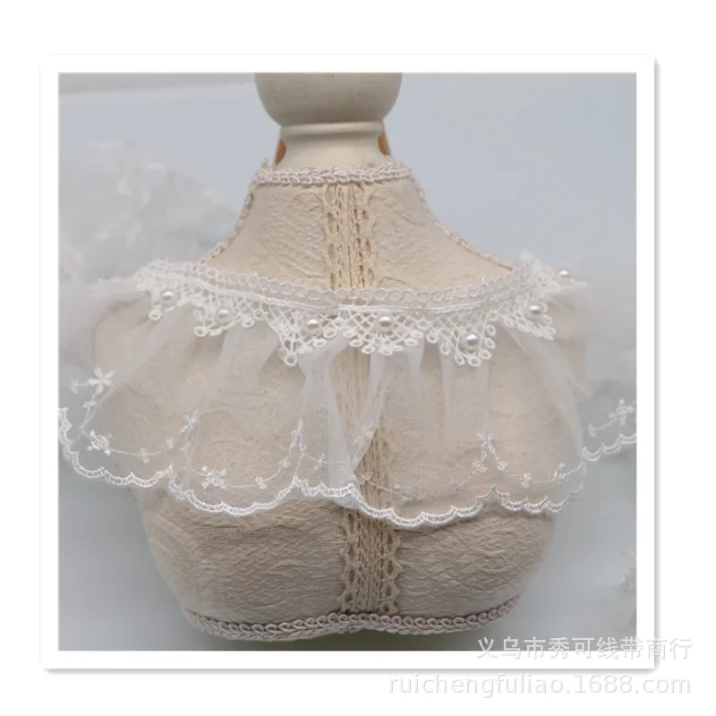 Сетчатая многослойная плиссированная кружевная бейка с жемчугом из бисера лента