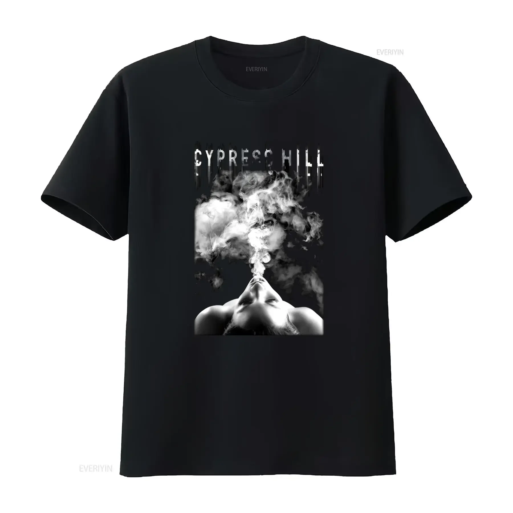 Фото Мужская черная футболка Cypress Hill с принтом Smoke, приталенного кроя, среднего размера, винтажная, с эффектом потертости, для повседневной носки, унисекс, слегка мужественная. №1