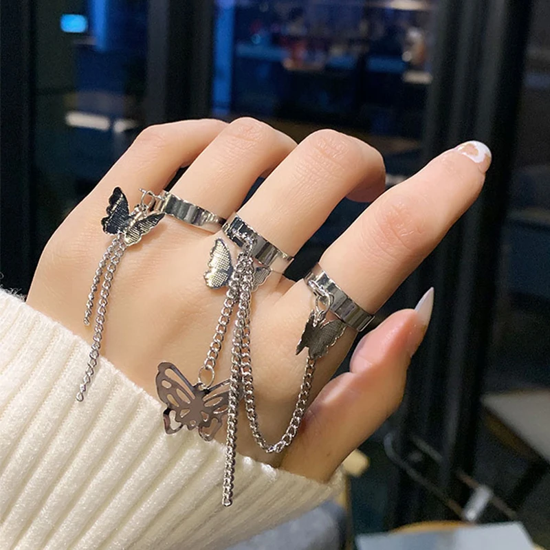 

Punk Butterfly Hip Hop Rings Multi-layer Adjustable Chain Two Open Finger Rings Alloy Rotate Rings Jewelry for Women Party Gift