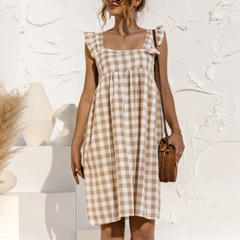 

Женское винтажное платье с квадратным вырезом, клетчатое свободное платье с принтом, летнее повседневное пикантное платье без рукавов с об...