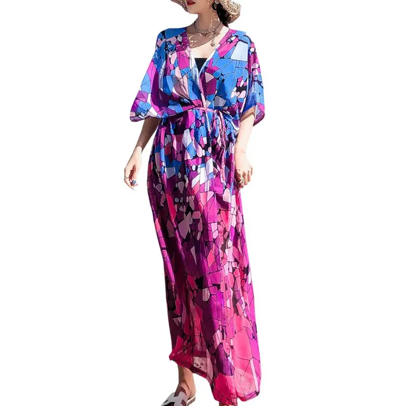 

Womens Summer Chiffon Bikini Cover-Ups Open Front Maxi Dress Kimono Cardigan Colored Geometric Marble Textured Printed Cover Up