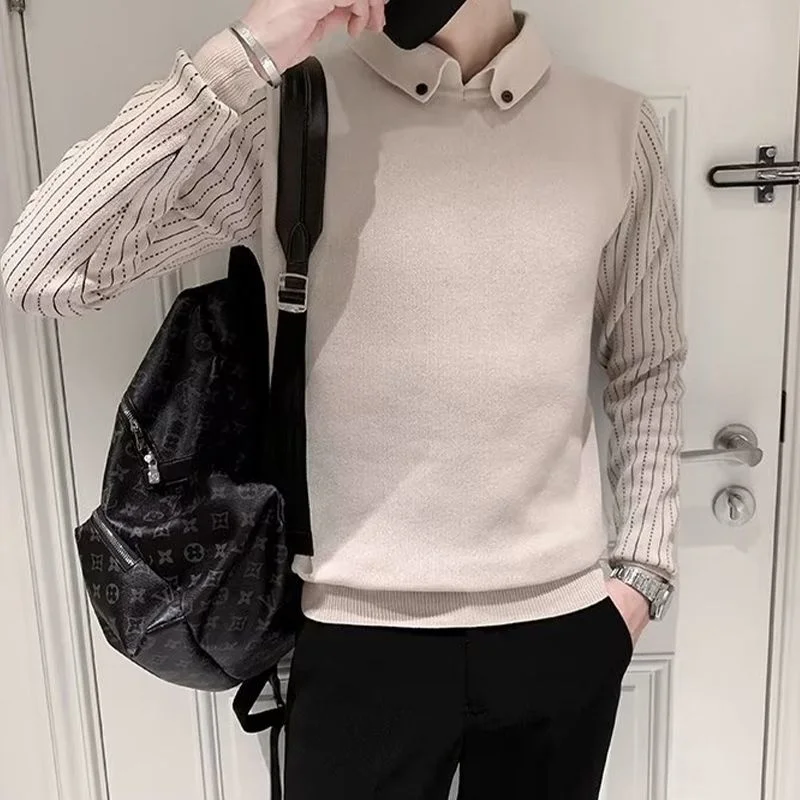 

Men's Casual Sweater Khaki Fake Two Shirt Collar Stripe New Autumn Underlay Korean Clothes Slim Knit Shirt Men Cotton Pullover