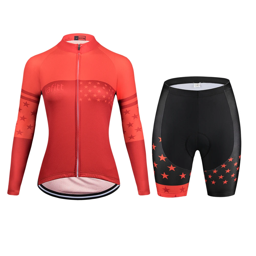 

2022 Kafitt Red Women‘s Long Sleeve Cycling Jersey Bib Sets Quick-drying Go Pro Macacao Feminino Breathable 20D Gel Pad Summer
