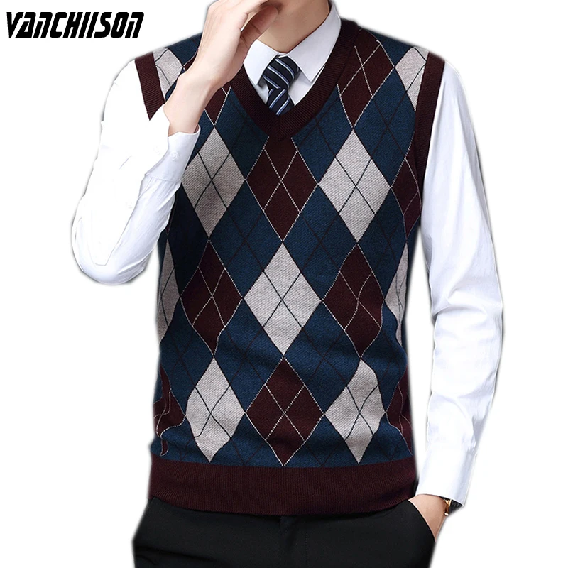 Мужской вязаный клетчатый свитер жилет без рукавов джемпер с V-образным вырезом