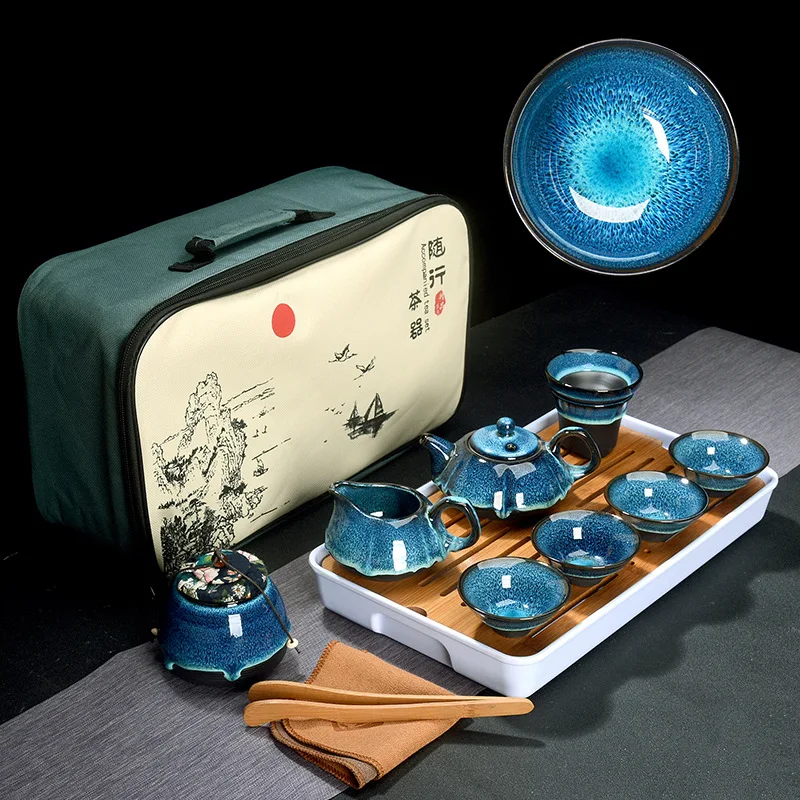 Chinese Tea Set Blue Amber Glaze Ceramic Jingdezhen Temmoku Glaze Exquisite Set Kung Fu Tea Cup Portable Teapot Gaiwan Tea Cups