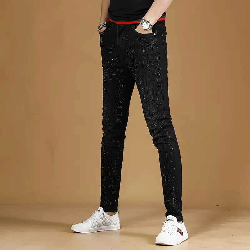 Autumn New Men Black Jeans Fashion Rhinestone Slim Fit Straight Pants Streetwear Casual Cotton Stretch Denim Trousers