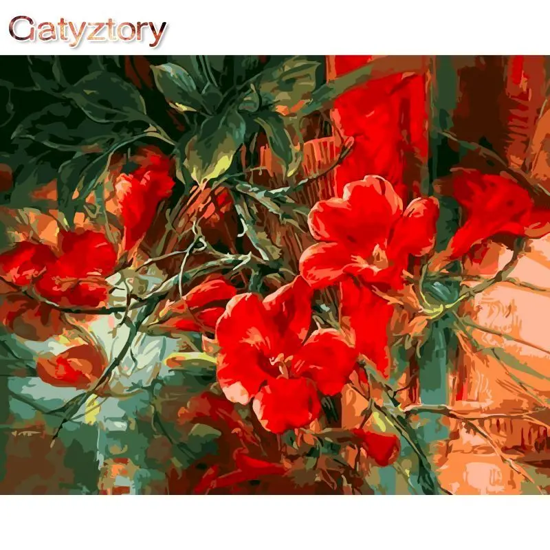 

GATYZTORY 60x75cm DIY Painting By Numbers Red Flowers Picture Coloring Zero Basis HandPainted Oil Painting Home Decor Unique Gif