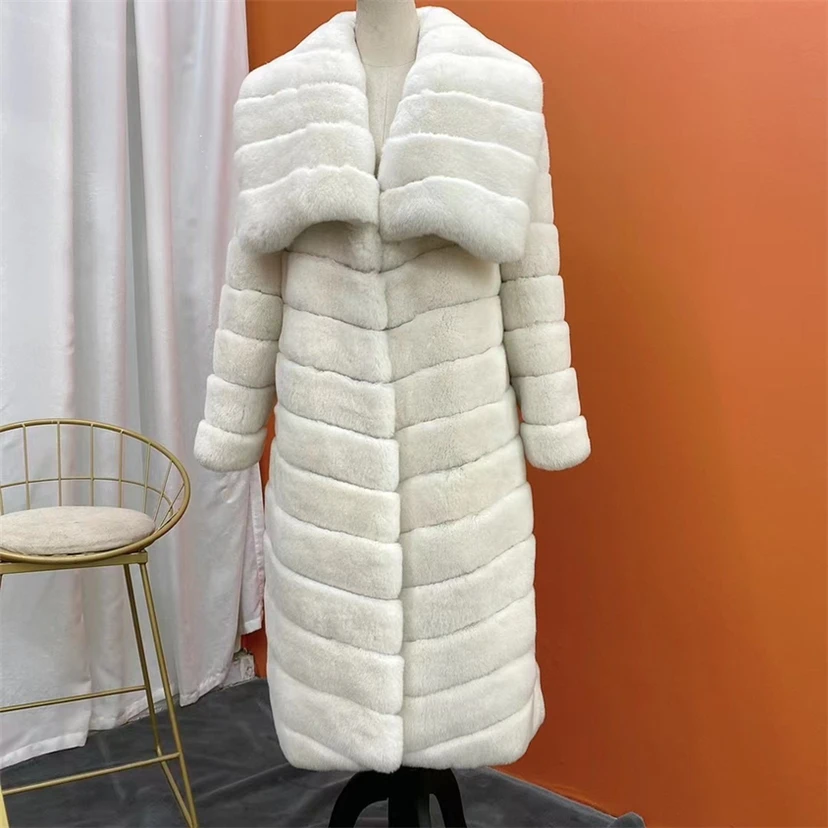 Enlarge Women Real Fur Coat Natural Chinchilla Rex Rabbit Fur Jacket Long with Big Turn-down Collar Fashion Luxury Streetwear Belt Coats