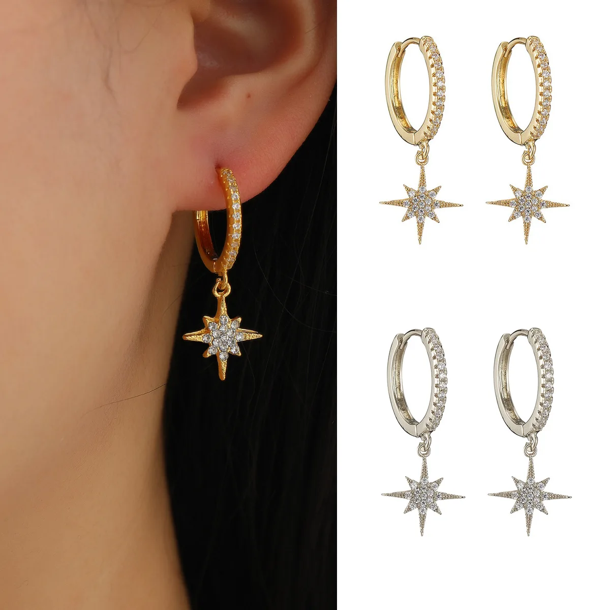 

Hoop Earrings Women Moon Star 18K Gold Plated Zircon Crystal Huggies Cross Pendant Earrings For Women Jewelry Gift