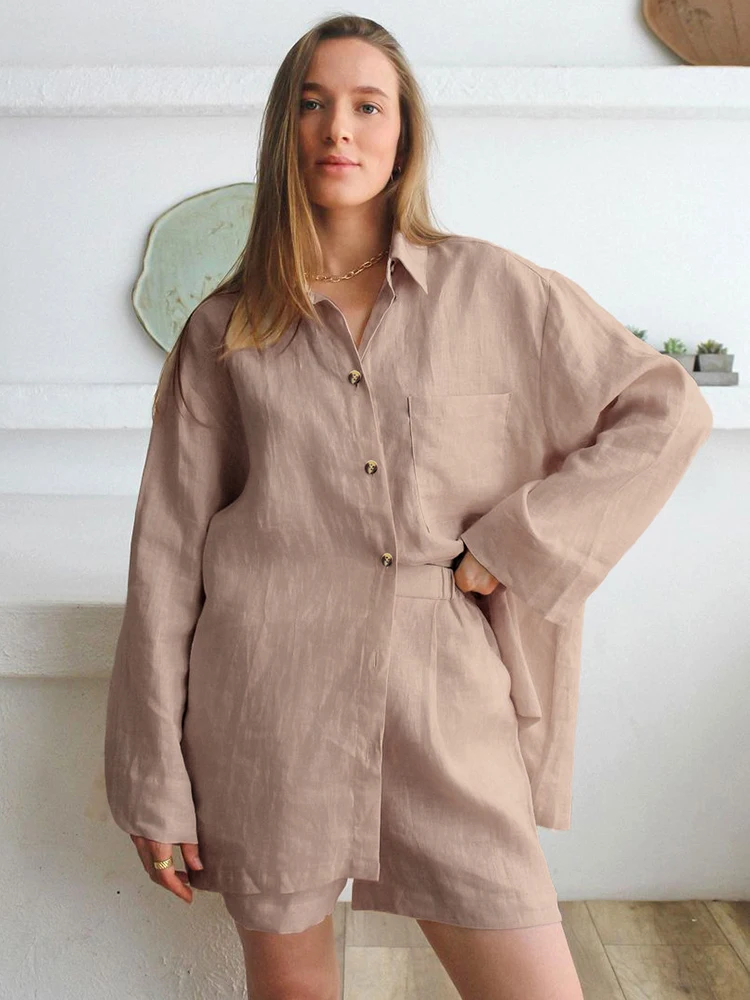 

Свободная Женская домашняя одежда Linad, комплект из 2 предметов, пижама цвета хаки с длинным рукавом, женские повседневные Костюмы с шортами, ...