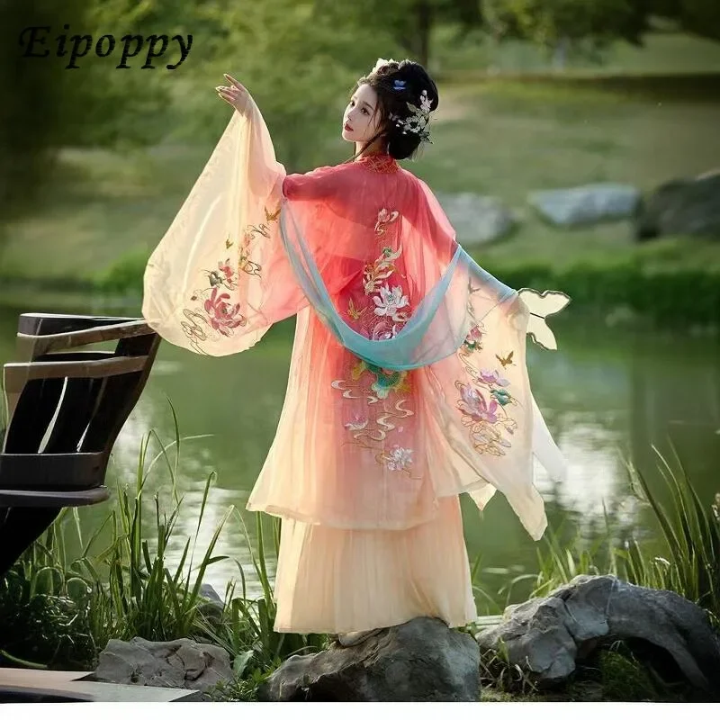 Рубашка Hanfu с большими рукавами в стиле Тан юбка Hezi тяжелая вышивка
