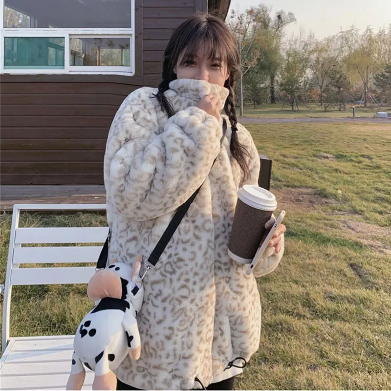 2022new winter Korean zipper top lamb leopard h short coat imitation faux Rabbit Fur grass fur coat female top jacket casual