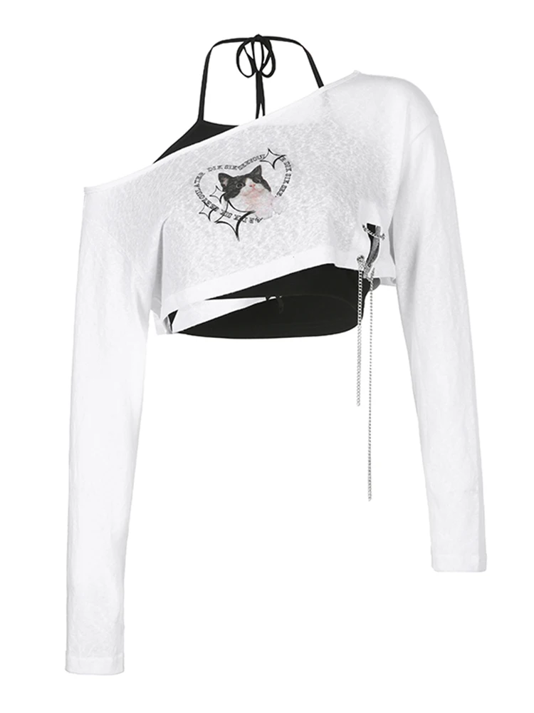 

High Quality Spring Summer Fashion 2 Piece Set Women Office Lady Skew Collar Long Sleeved Cat Print Tops Cozy +Black Halter Vest