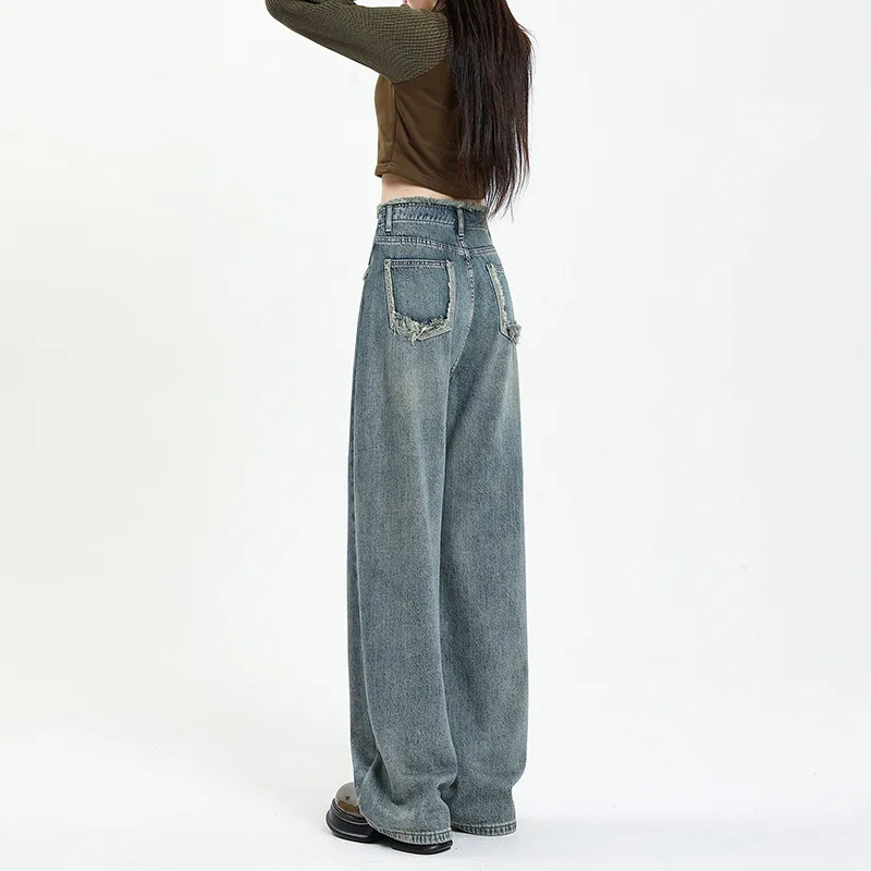 

MHMR 2023 new American retro wide-leg jeans women's high waist straight leg loose drop mopping pants design sense
