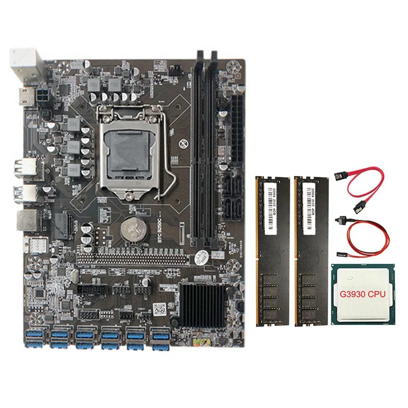 

Материнская плата для майнинга B250C с процессором G3930 + 2X DDR4 4G 2133 МГц ОЗУ + кабель SATA + кабель переключателя 12XPCIE на плату со слотом для карты USB3.0