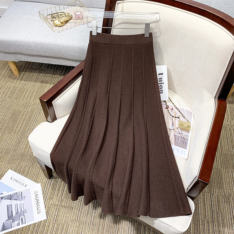 

Черно-серая однотонная Длинная вязаная плиссированная элегантная женская юбка с высокой талией Весна-Осень-зима модная юбка в Корейском стиле 2022