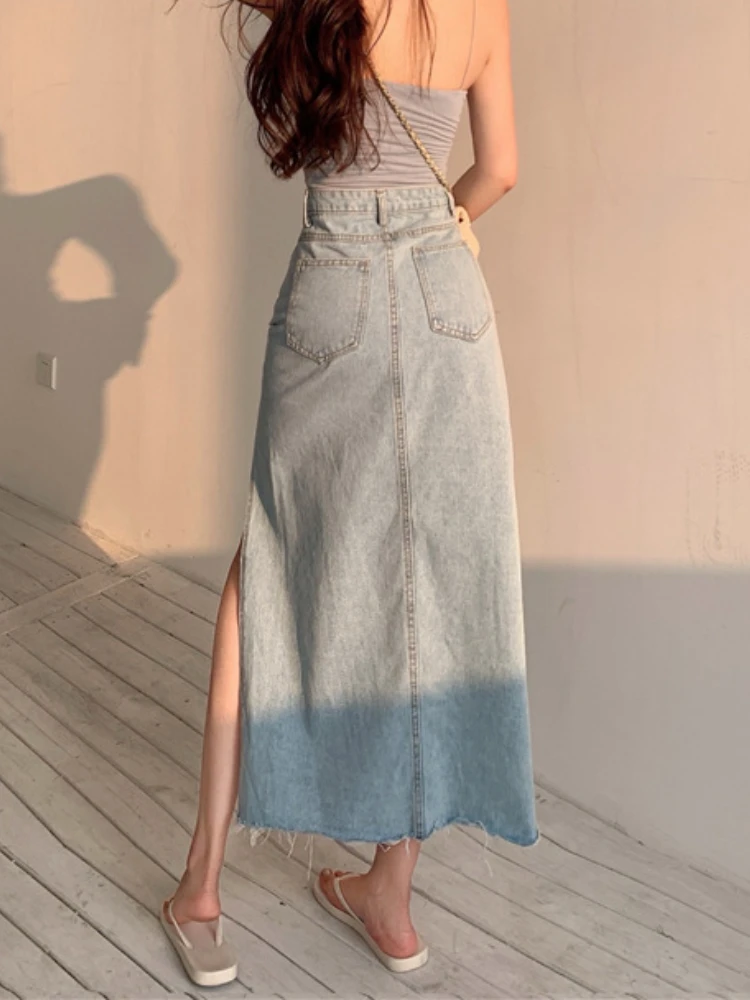 DEEPTOWN Long Denim Skirt Vintage Women Solid High Waist  A-LINE Slim Korean Style Jean Slit Midi Skirt Summer Fashion Girl images - 6