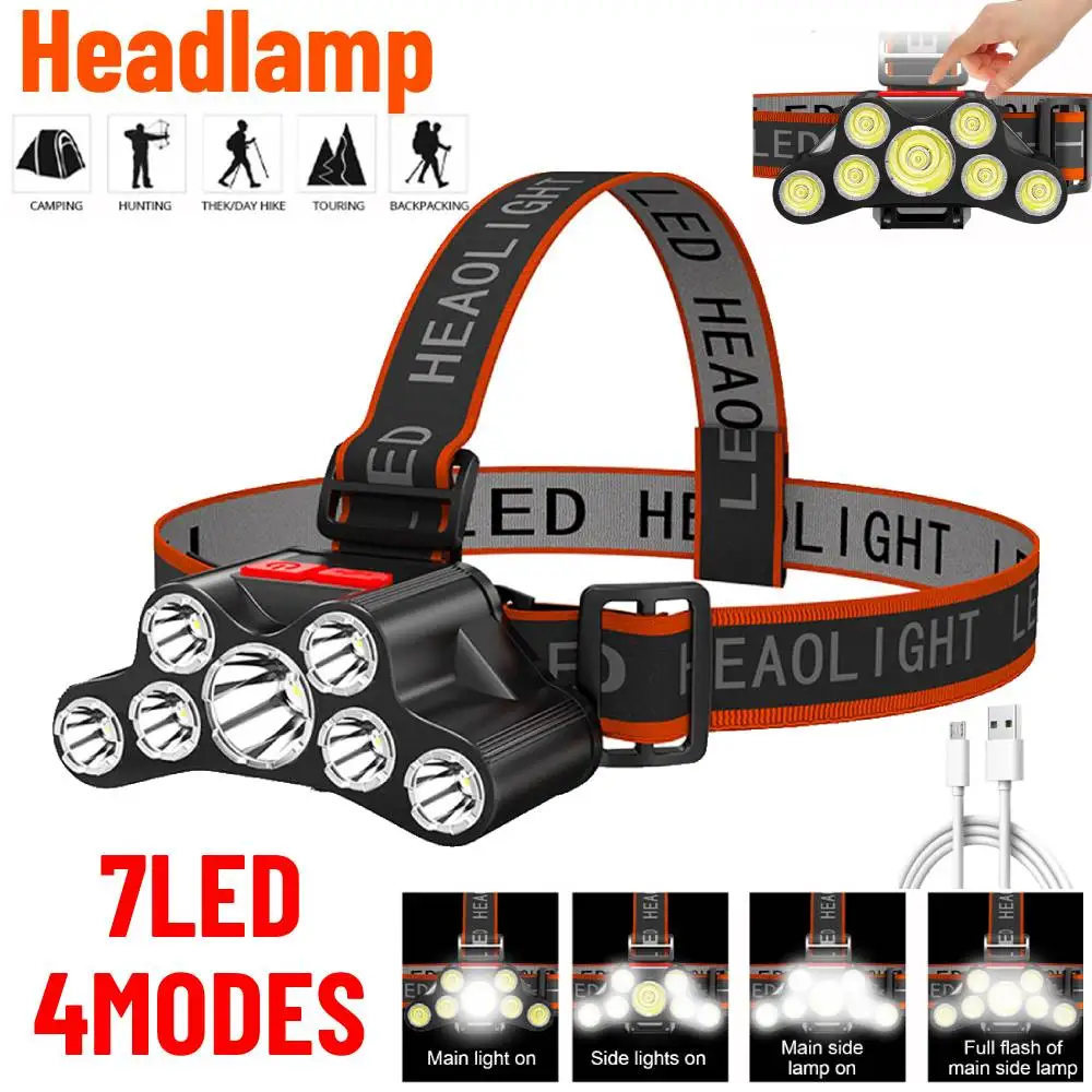 

7LED Flashlight Lantern USB Rechargeable Headlamp Super Bright 4 Working Modes Headlamp Waterproof Outdoor Emergency Flashlight