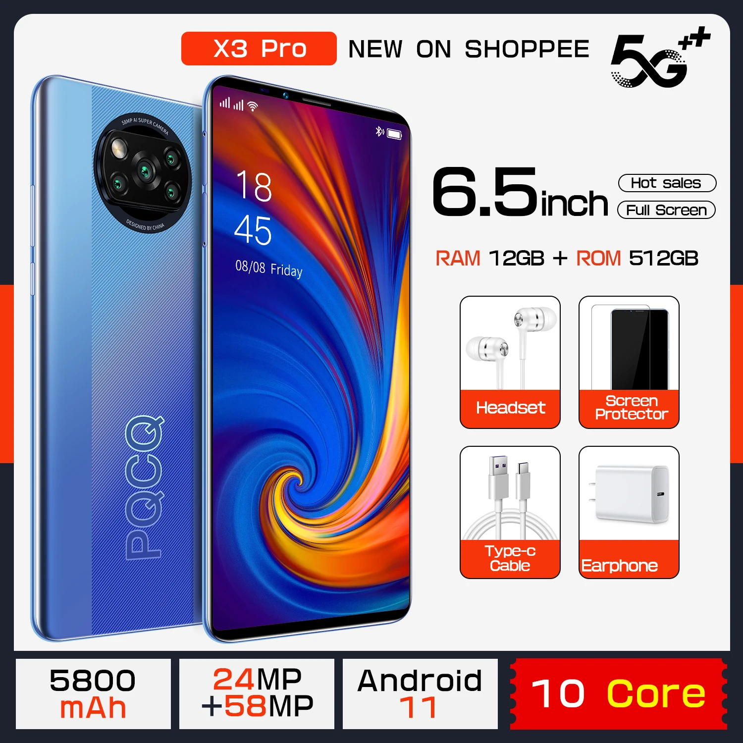 

Смартфон глобальная версия X3 Pro, 6,5 дюйма, 12 + 512 ГБ, 5800 мач, 24 + 58 Мп, две SIM-карты