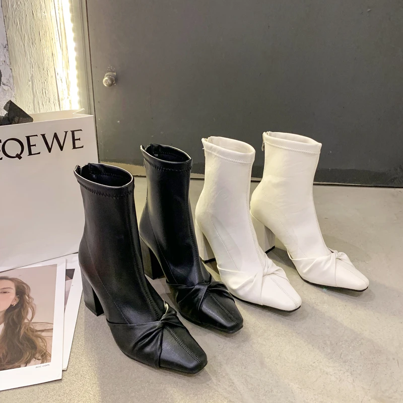2022 Autumn Winter New Women Ankle Boots Ladies Fashion Square Toe Back Zipper Shoes Female Office Thick Heels Botas Black Wihte