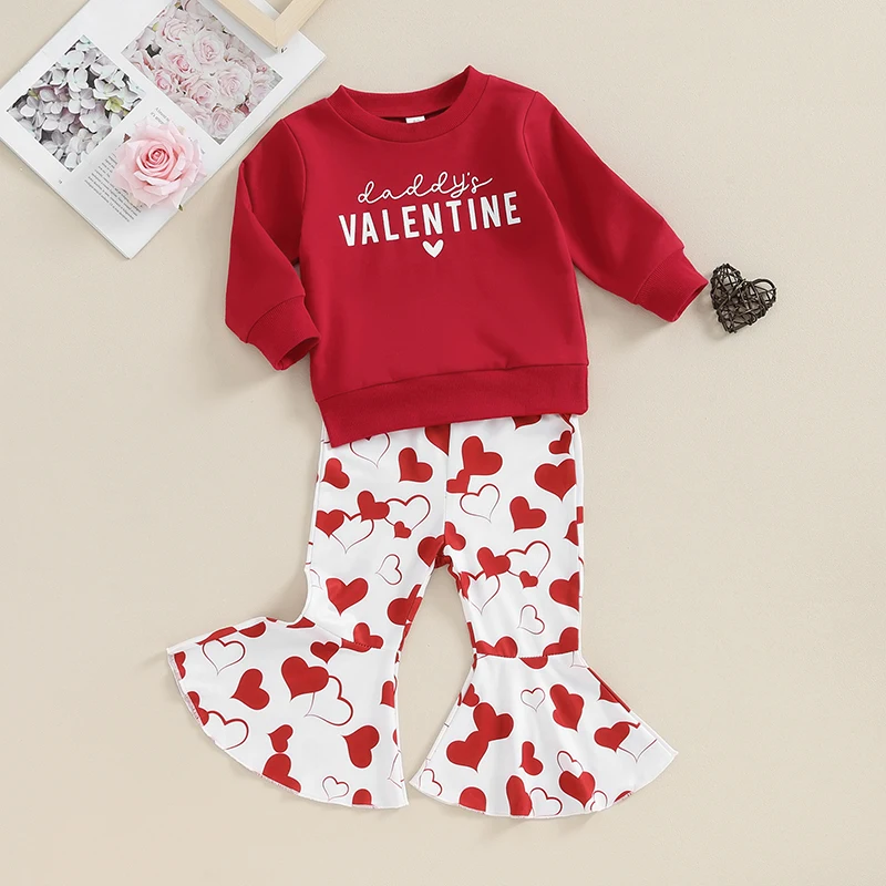 

Toddler Girl Clothes Bell-bottoms and Long Sleeve Pullover Sweatshirts Set Valentine Outfits