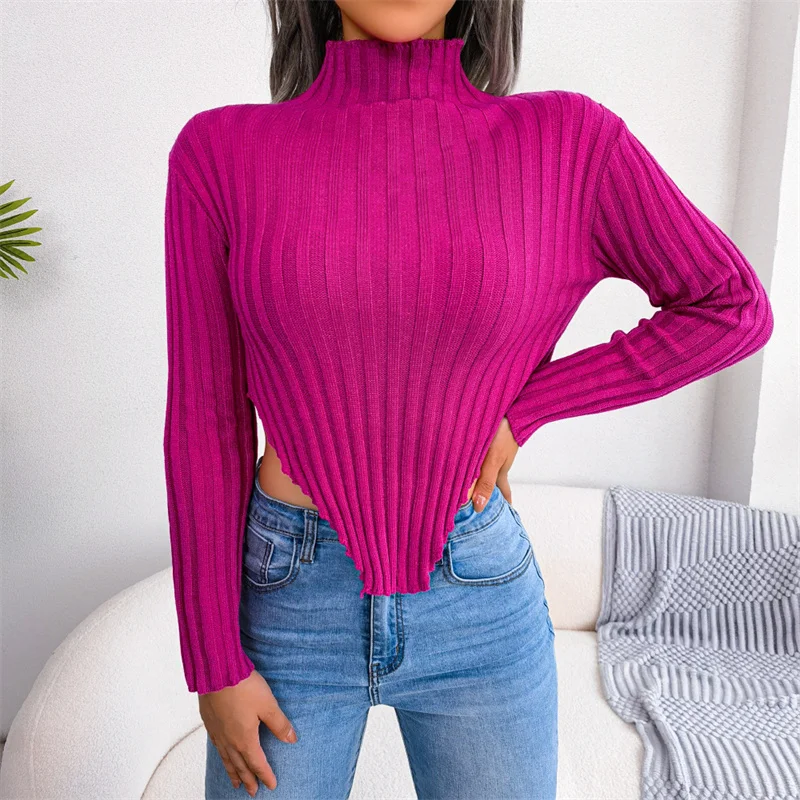 

Autumn Winter Irregular Hem High Collar Sweater Women Solid Long Sleeve Slim Elastic Knit Tops Pullovers Women Casual Streetwear