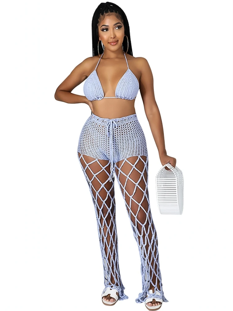 

Women Summer Beach Bikini Cover-up Ladies Lace Crochet Swimsuit Cover Up Swimwear 2Pcs Mesh Push Up Top Fishnet Pants Beachwear