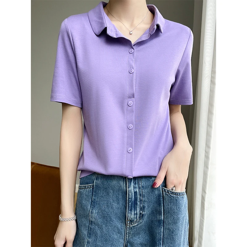 

2023 Women's Summer Office Dress Top Single Breasted POLO Neck T-shirt Silk Cotton Material Elegant Fit Short Sleeve