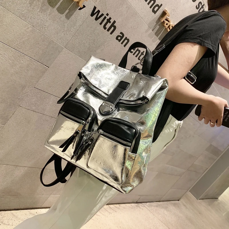 

Дорожный Повседневный серебристый рюкзак, новинка 2023, женский рюкзак, Универсальный многофункциональный модный трендовый Новый брендовый ...
