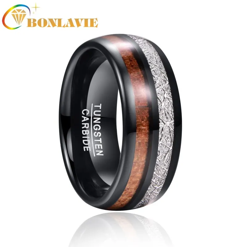 

BONLAVIE 8mm Tungsten Carbide Ring Wood Anel Masculino Meteorite Electric Black Steel Ring For Men Wedding Jewelry