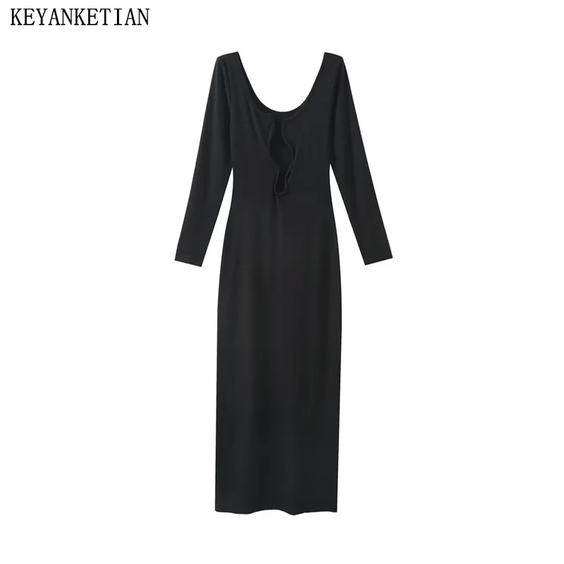 

Новинка от KEYANKETIAN, женское черное платье-футляр с V-образным вырезом и асимметричным вырезом, элегантное стильное облегающее платье-миди до щиколотки, официальное платье